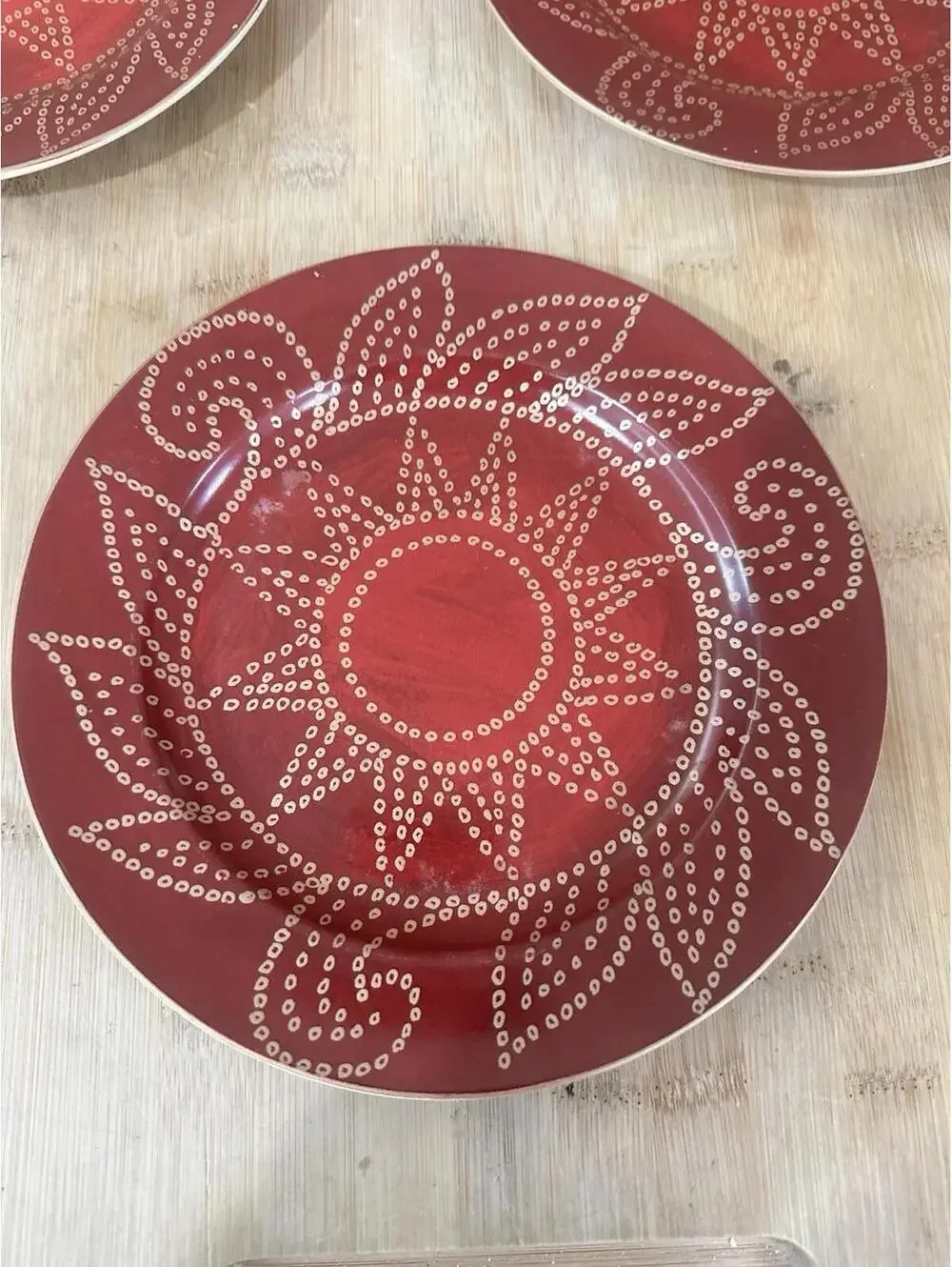 Set of 3 Pier 1 Stoneware Matira Salad Dessert Plates Gold Burgundy 8